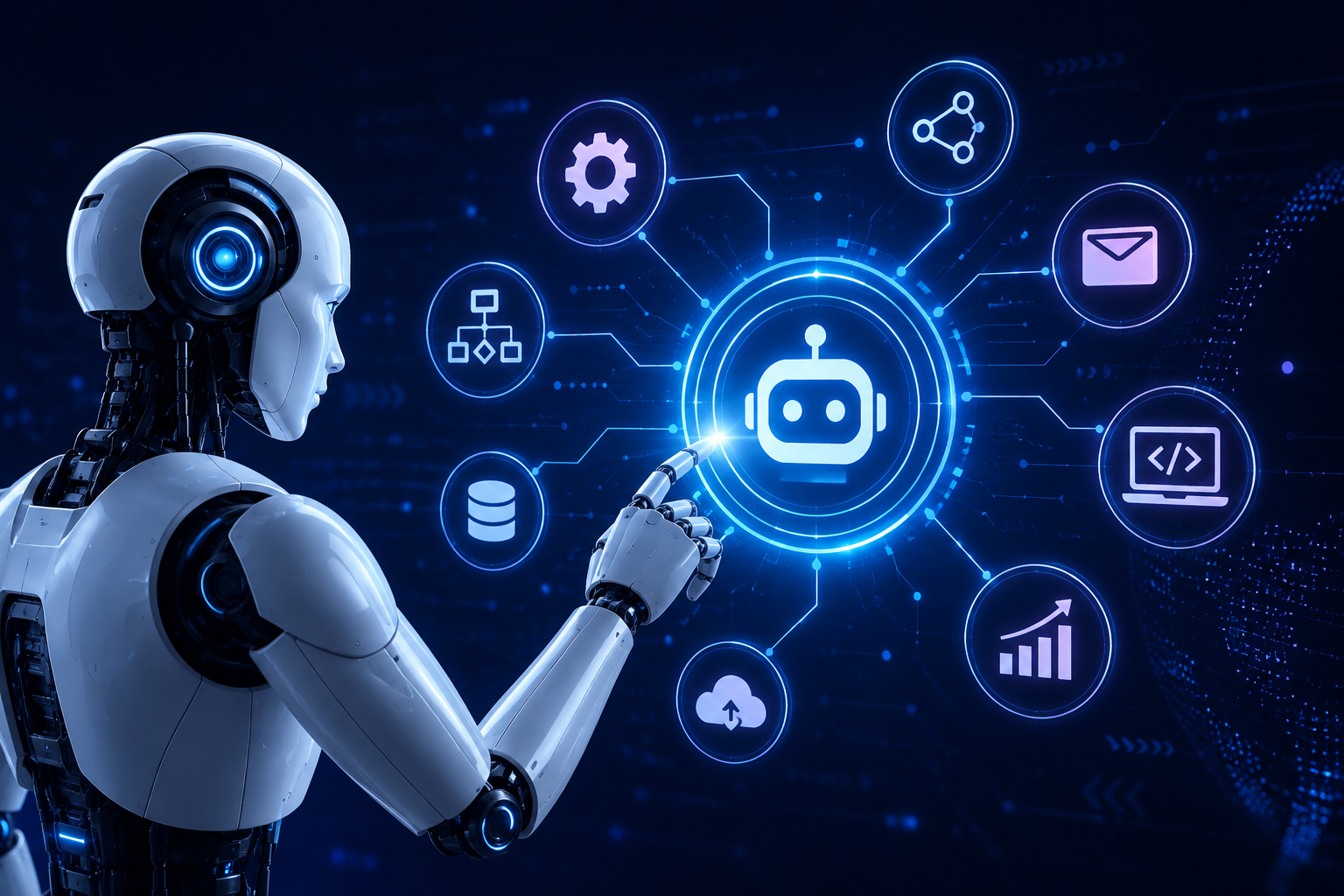 AI agent automation concept with futuristic robot and workflow automation icons