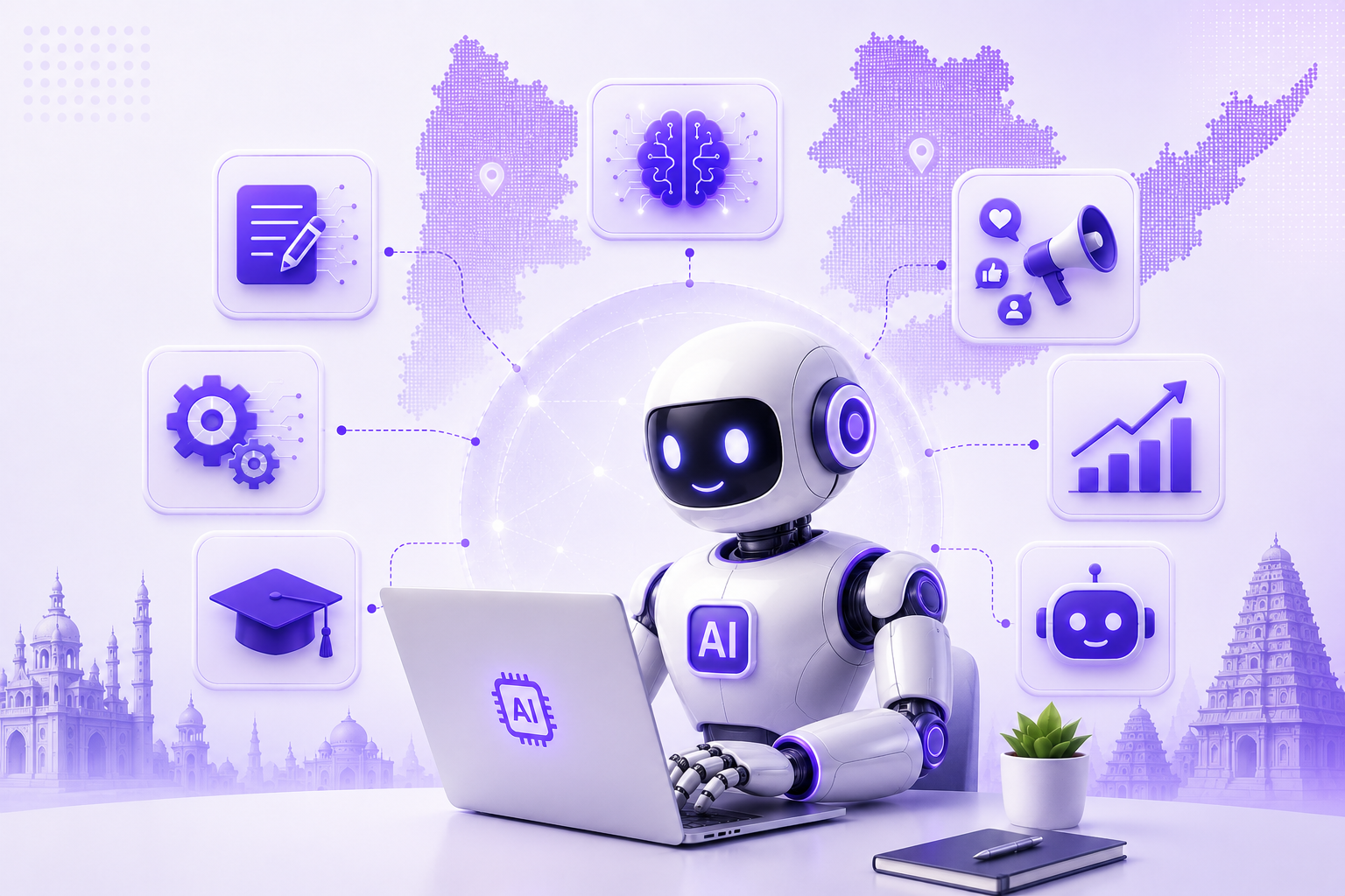 Futuristic AI robot using laptop with AI automation and generative AI icons on Andhra Pradesh and Telangana map background