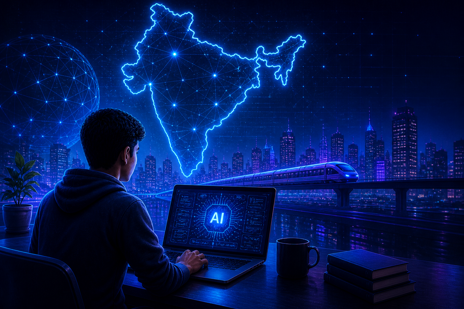 Young learner studying artificial intelligence in Telugu with futuristic AI interface and digital learning environment