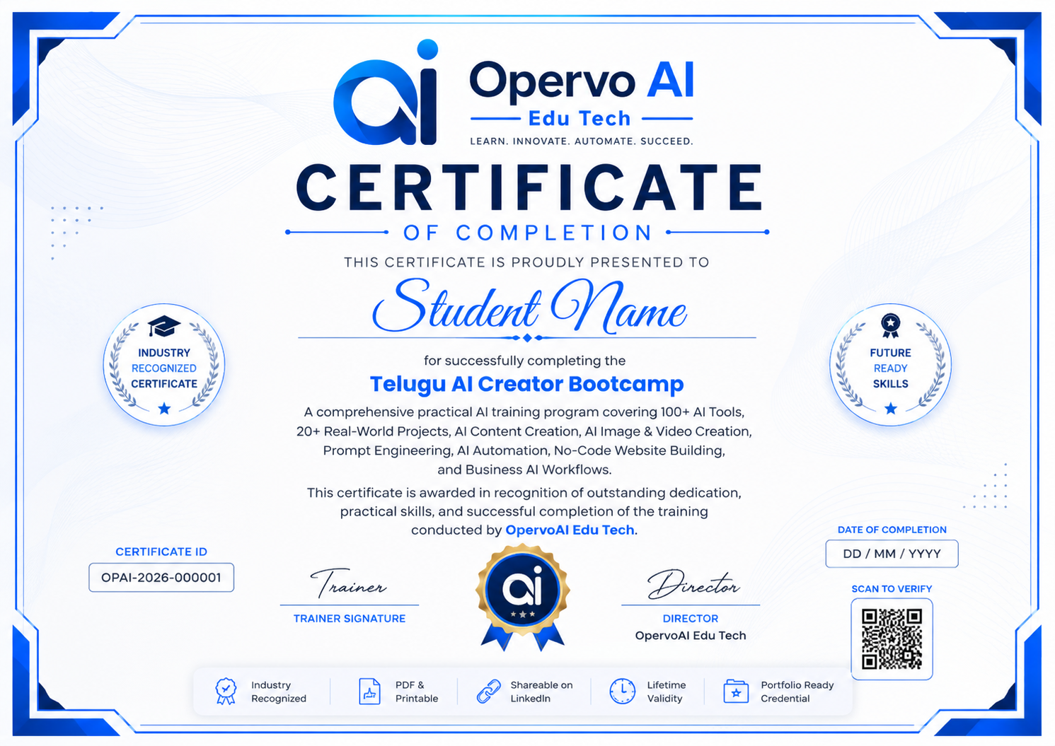 Telugu AI Creator Bootcamp Certificate of Completion issued by OpervoAI Edu Tech for students who successfully complete the 100+ AI Tools practical training program.